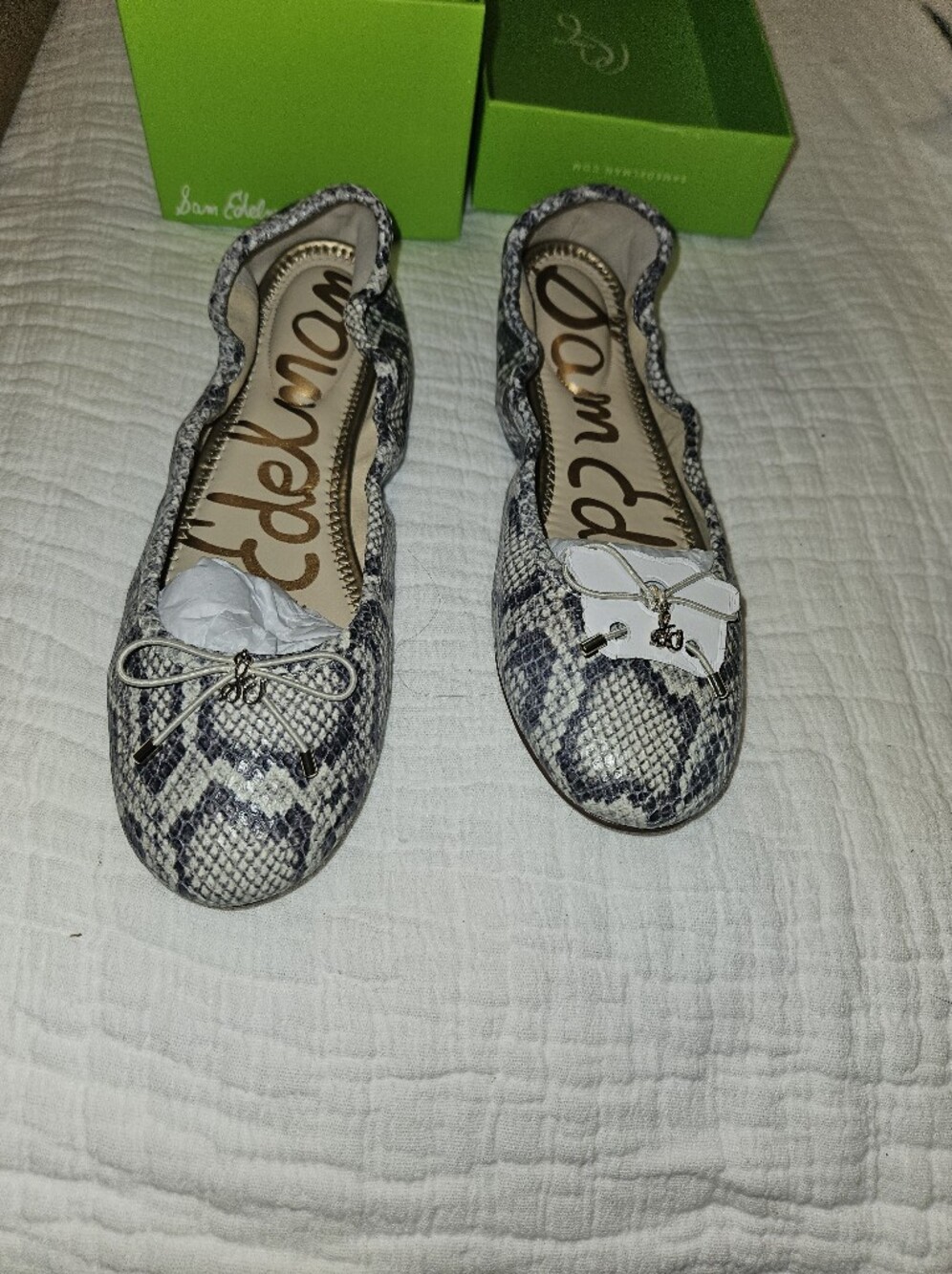 New! Sam Edelman Leather Snake-Print Ballet Flats in Gray and White with Bow
